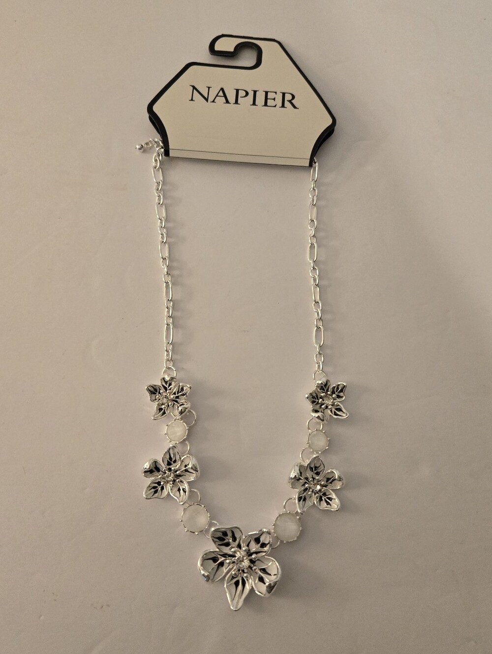 Napier New Silver‎ Tone Simulated Crystal Flower Power Necklace 16" Five Flowers